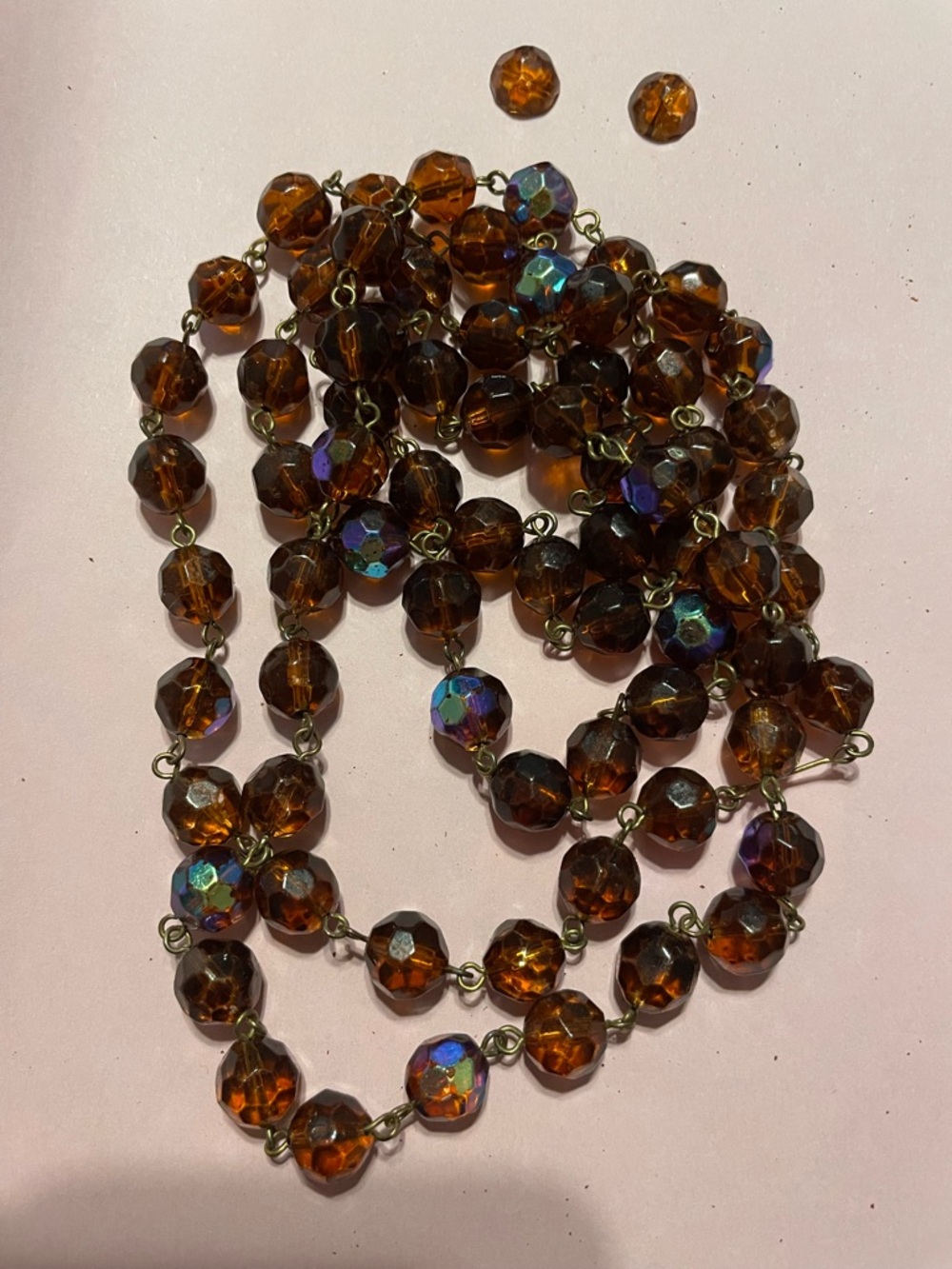 Vintage Long Dark Amber Aurora Borealis Bead Necklace #9277